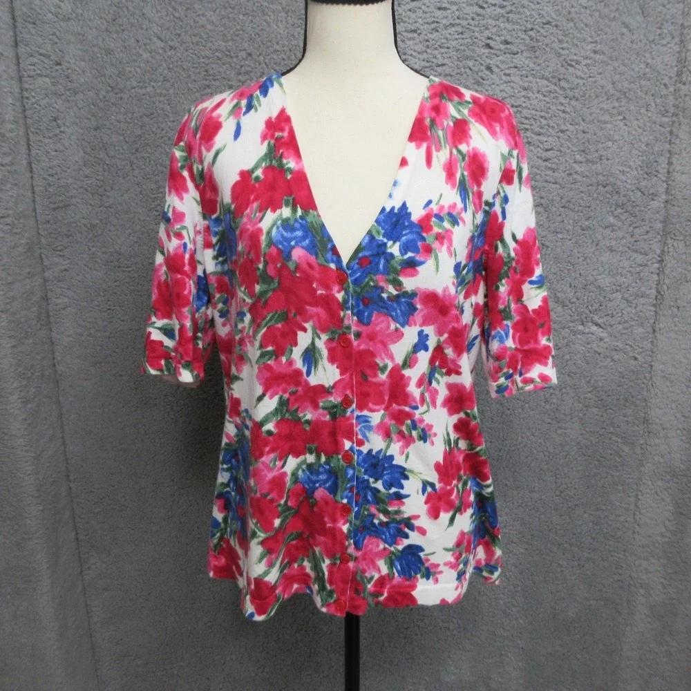 Talbots Cardigan Sweater Womens Large Multicolor‎ Floral V Neck Short Sleeve